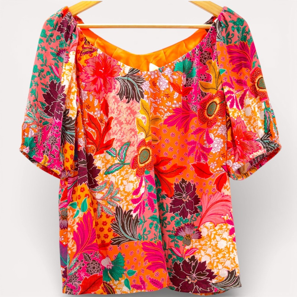 LOFT‎ XS NWT Floral Patchwork Blouse Puff Sleeve Orange Lined Boho Top Tropical